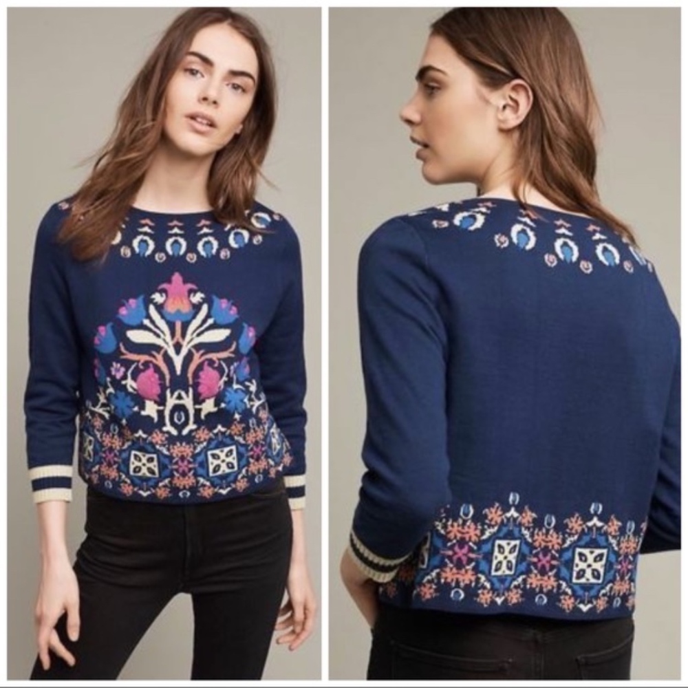 HWR Anthropologie Intarsia Floral Sweater